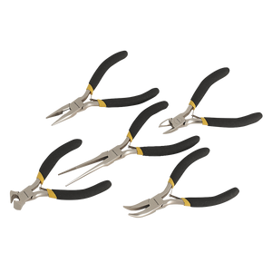 The Mini Pliers Set 5pc Ni-Fe Finish - AK937 by Sealey includes five metal pliers designed with black, spring-loaded handles. Each plier features a distinct jaw shape, making it ideal for a variety of tasks.