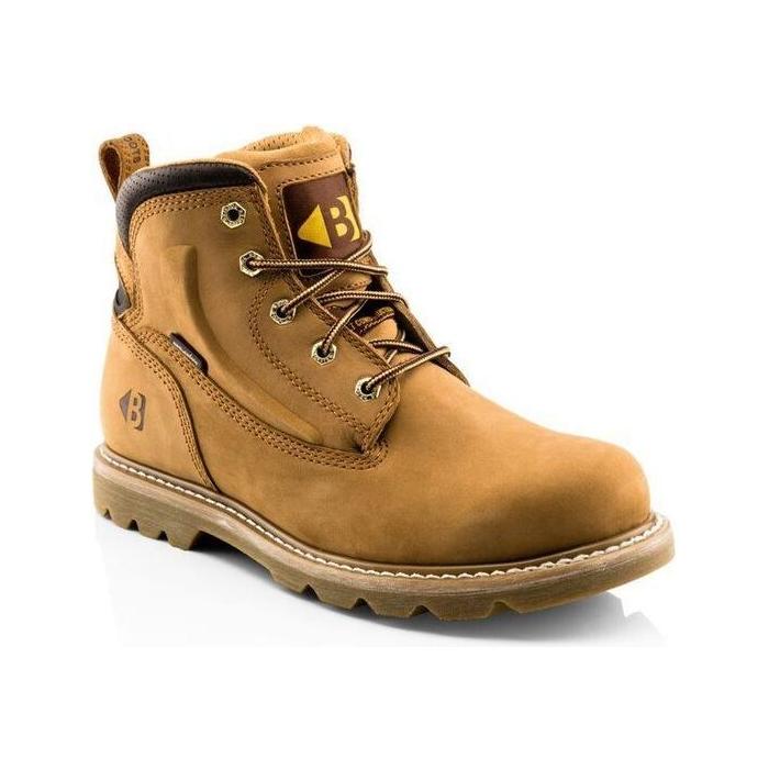 Introducing the Buckler - Non-Safety Dealer Boot - B2800, a tan work boot equipped with a rugged sole, metal eyelets, and brown laces. Featuring the Buckler logo on the tongue and heel tab, these boots are perfect for any agricultural task.