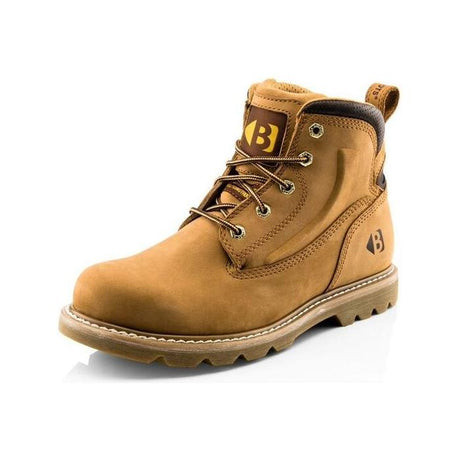 The *SPECIAL PRICE* - Buckler - Non-Safety Dealer Boot - B2800 by JMCE is a tan work boot featuring brown laces, metal eyelets, a padded ankle collar, and the Buckler Boots logo on the side and tongue. With its rugged sole and Goodyear welted construction, this boot offers exceptional durability.