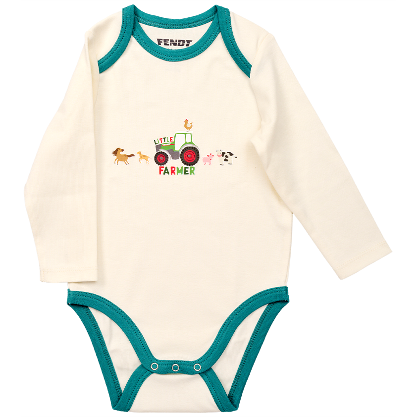 The AGCO Fendt Baby Onesie (X991023160000) is a white long sleeve onesie with green trim, decorated with animal print and tractor graphics, and the text "Little Farmer" displayed on the chest.