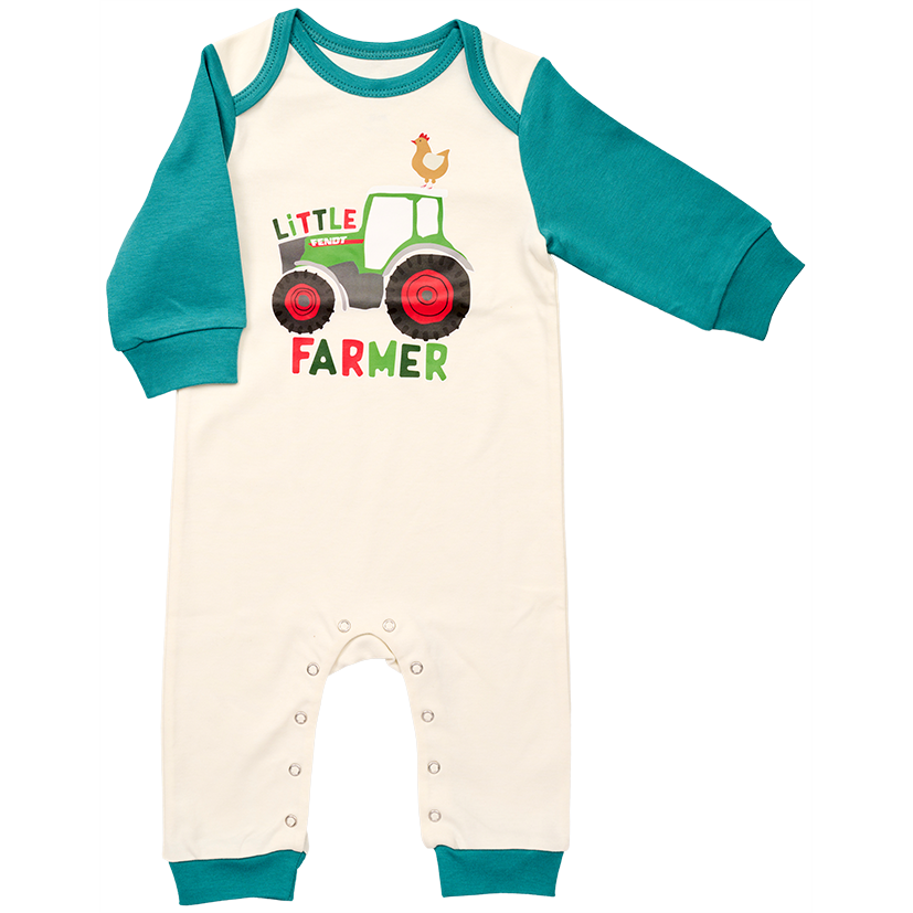 The AGCO Fendt baby romper (X991023166000) is a white and teal outfit featuring "Little Farmer" on the front, with a charming tractor print and a small chick graphic. It’s comfortable and adorable for your little one!