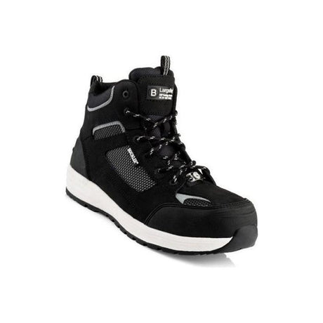 Description: The *SPECIAL PRICE* Buckler - Largo Bay Safety Trainer - BAZBK by JMCE is a black and white lace-up high-top safety trainer, showcasing the brand logo on the tongue. It features a mesh texture, padded ankle support, and a composite toe cap.