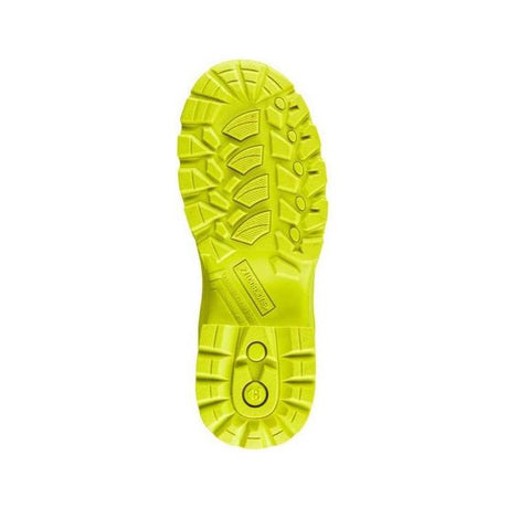 Bright yellow Vibram sole on the *SPECIAL PRICE* Buckler Hi Viz Safety Wellies by JMCE, featuring a rugged, non-slip tread pattern and lightweight components designed for enhanced grip and durability.