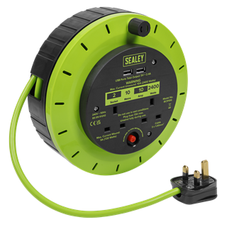 Sealey | 10m Cassette Type Cable Reel with Thermal Trip 2 x 230V & 2 x USB - Hi-Vis Green - BCR10G