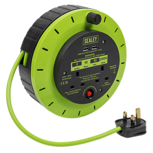 Sealey | 10m Cassette Type Cable Reel with Thermal Trip 2 x 230V & 2 x USB - Hi-Vis Green - BCR10G