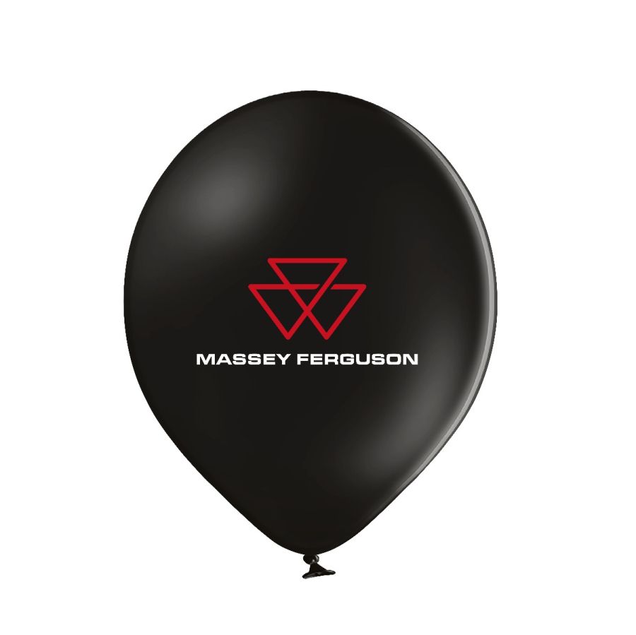 The AGCO Massey Ferguson - Black & White Balloons (X993341803000) are black balloons featuring the Massey Ferguson logo and text printed in white, perfect for adding an eye-catching touch to any event.