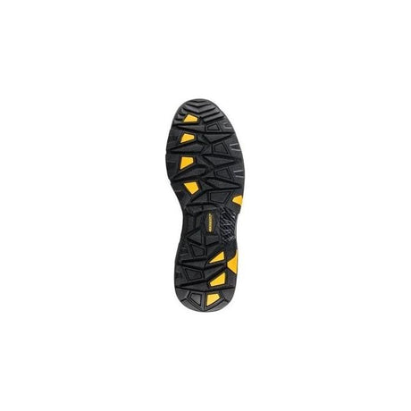 The image displays the sole of the *SPECIAL PRICE* - Buckler - Tradez Blitz Waterproof Safety Boots (Blitzbk, UK 6) by JMCE, featuring a rugged, treaded pattern in black and yellow.