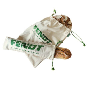 Two "Fendt" linen bread and baguette storage bags from AGCO, one large and one small, each featuring green drawstrings, are perfect for bakery storage.