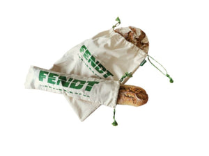 Two "Fendt" linen bread and baguette storage bags from AGCO, one large and one small, each featuring green drawstrings, are perfect for bakery storage.