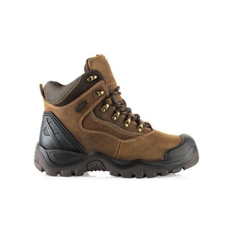 Introducing the *SPECIAL PRICE* Buckler - Buckshot Brown Safety Lace Boot (BSH002BR) in UK size 13 by JMCE, a sturdy brown hiking boot with black accents, heavy-duty laces, a rugged sole, and a steel toe cap for added protection.