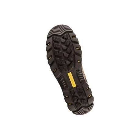 The sole of a Buckler Buckshot Brown Safety Lace Boot from JMCE, featuring a yellow rectangular logo in the center, showcases a combination of angular and rectangular tread patterns for optimal traction. These waterproof boots offer both durability and protection, including a steel toe cap for enhanced safety. Available in size UK 13 under the model BSH002BR at a special price.