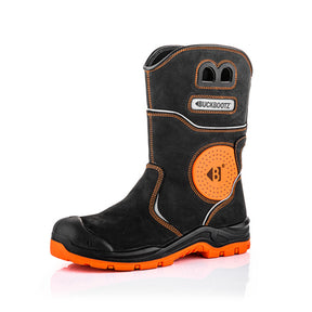 Buckler's BVIZ5 S7 Orange/Black 360° High Visibility Waterproof Safety Rigger Boots are black and orange high-top safety footwear featuring branding logos, a rubber sole, and a reinforced toe. They include stitching accents, a perforated section on the side, and offer slip-resistant properties for added security.