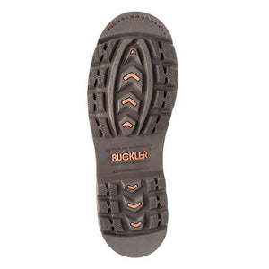 The sole of the Buckler Non-Safety Buckflex Dealer Boots B1100, featuring different tread patterns and the word "BUCKLER" in the center, showcases Goodyear Welted construction for durability.