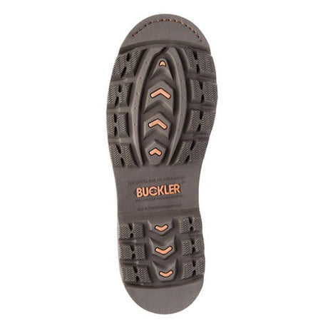 The sole of the Buckler Non-Safety Buckflex Dealer Boots B1100, featuring different tread patterns and the word "BUCKLER" in the center, showcases Goodyear Welted construction for durability.