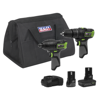 Sealey | 2 x SV10.8 Series Cordless Combi Drill & Impact Driver Kit 10.8V - 2 Batteries & Euro Plug - CP108VCOMBO3EU