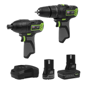 Sealey | 2 x SV10.8 Series Cordless Combi Drill & Impact Driver Kit 10.8V - 2 Batteries & Euro Plug - CP108VCOMBO3EU