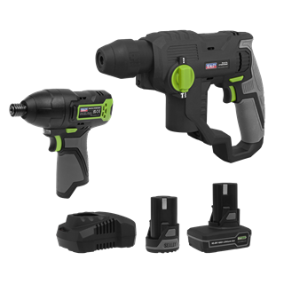 Sealey | 2 x SV10.8 Series Cordless Rotary Hammer Drill & Impact Driver Kit 10.8V - 2 Batteries - CP108VCOMBO4