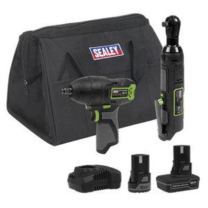 Sealey | 2 x SV10.8 Series Cordless Impact Wrench & Ratchet Wrench Kit 10.8V - 2 Batteries & Euro Plug - CP108VCOMBO6EU