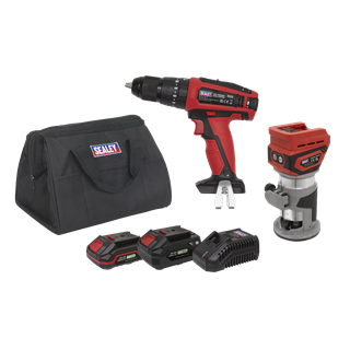 Sealey | 2 x SV20 Series Cordless Router & Combi Drill Kit 20V - 2 Batteries - CP20VCOMBO12