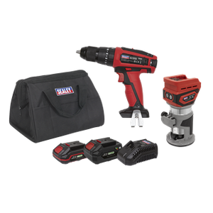 Sealey | 2 x SV20 Series Cordless Router & Combi Drill Kit 20V - 2 Batteries - CP20VCOMBO12