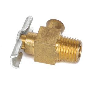 The AGCO DRAIN VALVE - AG515983 by AGCO, featuring threaded ends, a metal to metal seat, and a wing nut control lever, isolated on a white background.