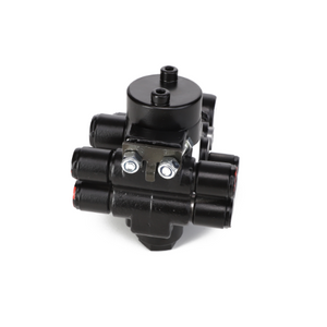 The AGCO | VALVE - AL10550510 is a black mechanical valve assembly featuring multiple cylindrical connections and two screws visible on its central body. No additional product description information is available.