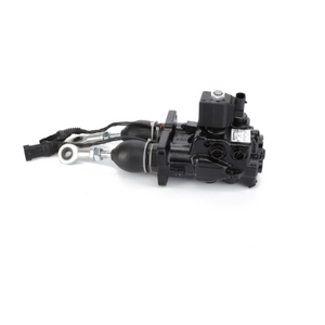 The AGCO | Brake Valve - 4392730M1 is a black mechanical component featuring hoses, connectors, and a cylindrical section, ideal for integration with Fendt Models, isolated on a white background.