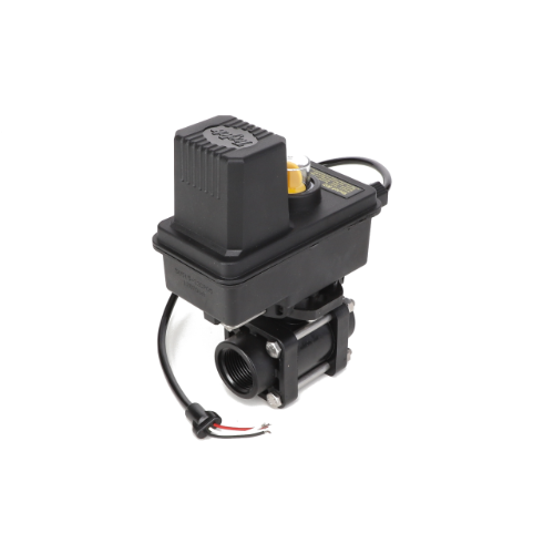 The AGCO | VALVE - AG426397, a sleek black motorized ball valve featuring an attached electrical cable with red and black wires, is topped by a rectangular actuator. This expertly designed unit ensures precise fluid control in piping systems.