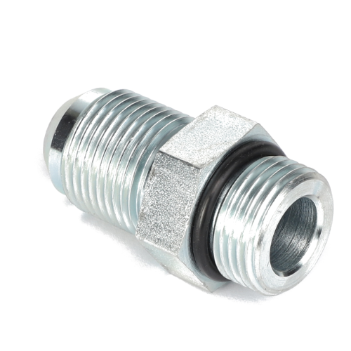 The AGCO | ADAPTER - AG331745, a product from AGCO, is a metal hydraulic adapter fitting that features threaded ends and a durable O-ring seal.