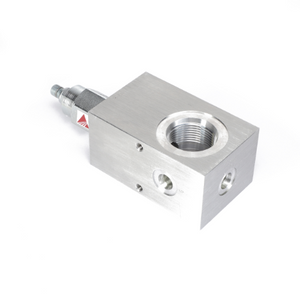 The AGCO RELIEF VALVE - AG334166, a metallic hydraulic valve block with multiple ports and threaded openings, stands prominent on a white background.