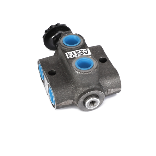 A metal hydraulic valve component labeled "AGCO | SELECTOR VALVE - ACP0143710" by AGCO, featuring three blue ports and a black knob. For details, contact the support team before ordering.