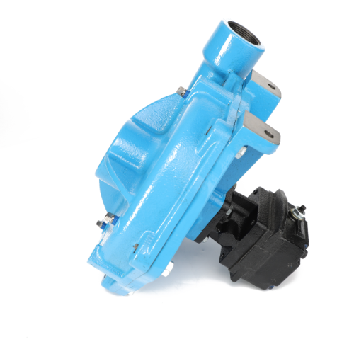 A blue and black industrial mechanical component, the AGCO PUMP - AG522365 features a cylindrical shape, multiple connection points, and visible bolts.