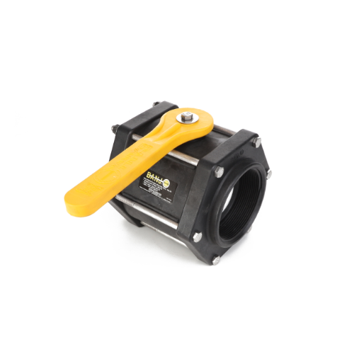 Image of the AGCO | BALL VALVE - AG055297, a black industrial valve with a yellow handle. The valve features metal rods running parallel to its body and threaded ends for pipe connections. For more details, refer to our Product Description or contact our Support Team for assistance.