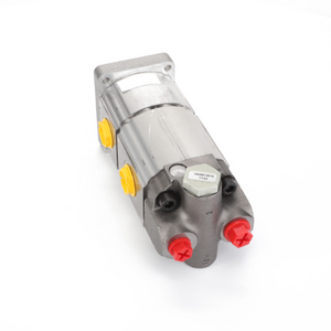 The AGCO | HYDRAULIC PUMP - D45167000, a robust metallic hydraulic pump with vibrant red and yellow caps on its ports, crafted for industrial use by AGCO, is showcased against a pristine white background.