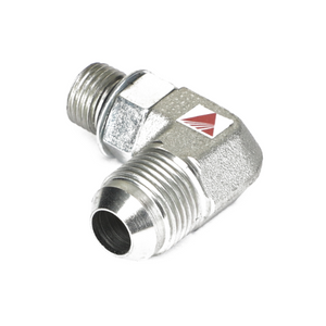 A metallic 90-degree elbow pipe fitting with threaded ends, featuring a red triangular logo on its side known as AGCO | ELBOW - AG514800 by AGCO; however, no current product description information is available.