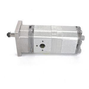 The AGCO | Pump - La322049800, a cylindrical metallic hydraulic gear pump with a mounting bracket, featuring a protruding shaft and multiple ports, is showcased on a plain white background, giving no substantial information about its specifications or applications.