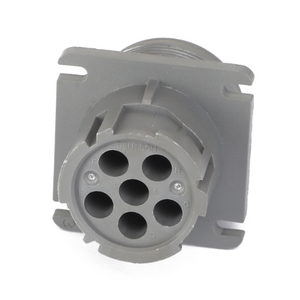 The AGCO RECEPTACLE CONNECTOR - AG523401 is a gray connector featuring six circular ports, labeled A, B, C, D, E, and F. It is designed for electrical or data transmission applications. No additional product description information is currently available.