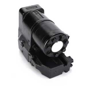 The AGCO | Steering Pump - Acw0445770, a black hydraulic pump featuring multiple connectors and designed for mechanical applications, is set against a white background. The pump boasts a cylindrical body atop a rectangular base.