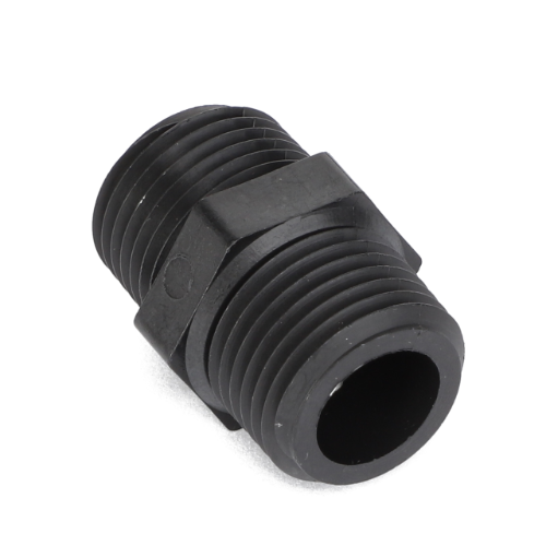 The AGCO | CLOSE NIPPLE - AG610744 is a black, threaded pipe connector with a hexagonal middle section that allows for two pipes to be joined together. Unfortunately, no additional product description information is available at this time.