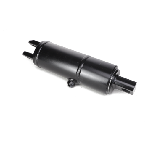 An AGCO Hydraulic Lift Cylinder - 4370592M2, black and cylindrical, known for its energy efficiency, featuring two mounting points on each end, isolated on a white background. Ideal for applications in Massey Ferguson models.