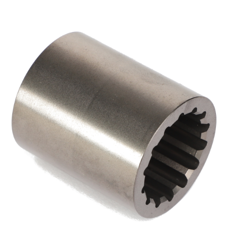 The AGCO | COUPLING - AG425745, a polished metal cylindrical gear coupling featuring an internal spline, is meticulously displayed against a pristine white background.