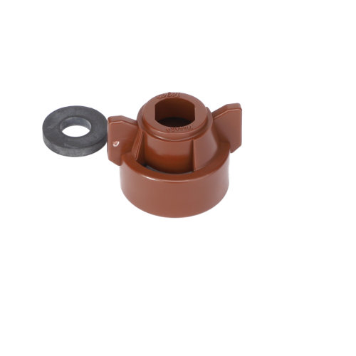 Image of an AGCO Quick TeeJet Cap, Brown for Oval (ACP0484610), made of plastic with a metal washer next to it. For more details, consult our product description or reach out to our support team for assistance before ordering.