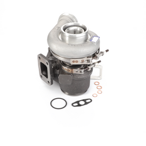 An isolated image showcasing the AGCO Turbocharger Kit Ewg - Acp0507650 along with its gaskets and hardware on a white background, emphasizing its contribution to enhancing engine efficiency.