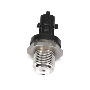 Image of the AGCO | Pressure Sensor - Acp0307650, a black and silver automotive sensor commonly used to measure pressure or temperature in various vehicle systems. This AGCO sensor features a threaded metal section and a plastic connector for reliable performance.