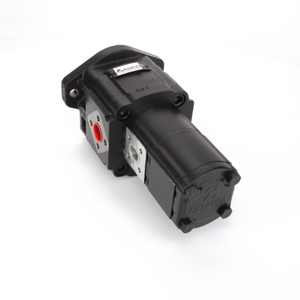 The AGCO hydraulic pump (Model: D45166901) in black, features a labeled metal section, multiple ports, and mounting holes, all showcased against a pristine white background.