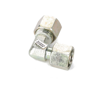 A metallic right-angle pipe fitting with hexagonal nuts on both ends, marked with the text "AGCO PART." No current product description information is available. Product Name: AGCO | ADAPTER - AL5027967, Brand Name: AGCO.