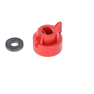 Red Quick TeeJet Cap (ACP0484470) by AGCO made from plastic and featuring a metal washer displayed against a white background. No current product description available.