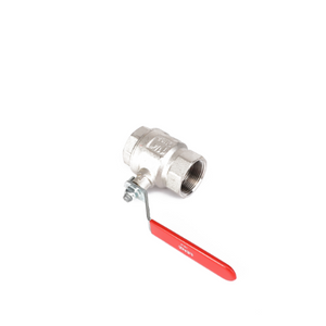 The AGCO | BALL VALVE - AG334320, a durable metal ball valve from the AGCO brand, features a vibrant red handle and is displayed against a pristine white background. The valve includes threaded ends, ensuring secure and easy connections to pipes.