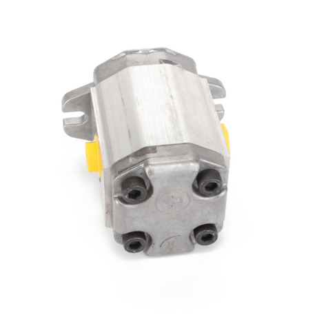 Industrial metal component, identified as AGCO | Lube Pump - Acx2469480, featuring two yellow plastic connectors and four black screws on a white background. Detailed product description information is not currently available.