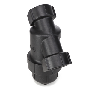 Introducing the AGCO Strainer - Ag053066, a black plastic Y-strainer with threaded connections at both ends, expertly designed by AGCO for filtering fluids in piping systems.